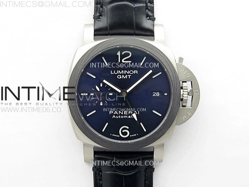 PAM1279 X Luminor GMT 42mm Titanium VSF 1:1 Best Edition Blue Dial on Black Leather Strap P.9011 Super Clone